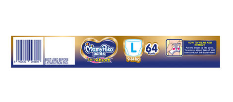 Mamypoko Extra Absorb Baby Diapers | Pant Style | L | 64 pcs