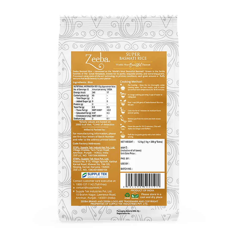 Zeeba Super Basmati Rice|Fluffy & Naturally Aromatic|Gluten Free Fine Grains|Cooked length upto 23mm
