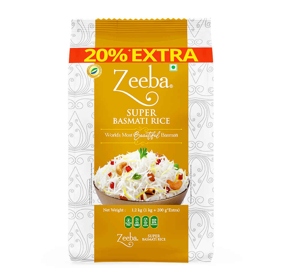 Zeeba Super Basmati Rice|Fluffy & Naturally Aromatic|Gluten Free Fine Grains|Cooked length upto 23mm