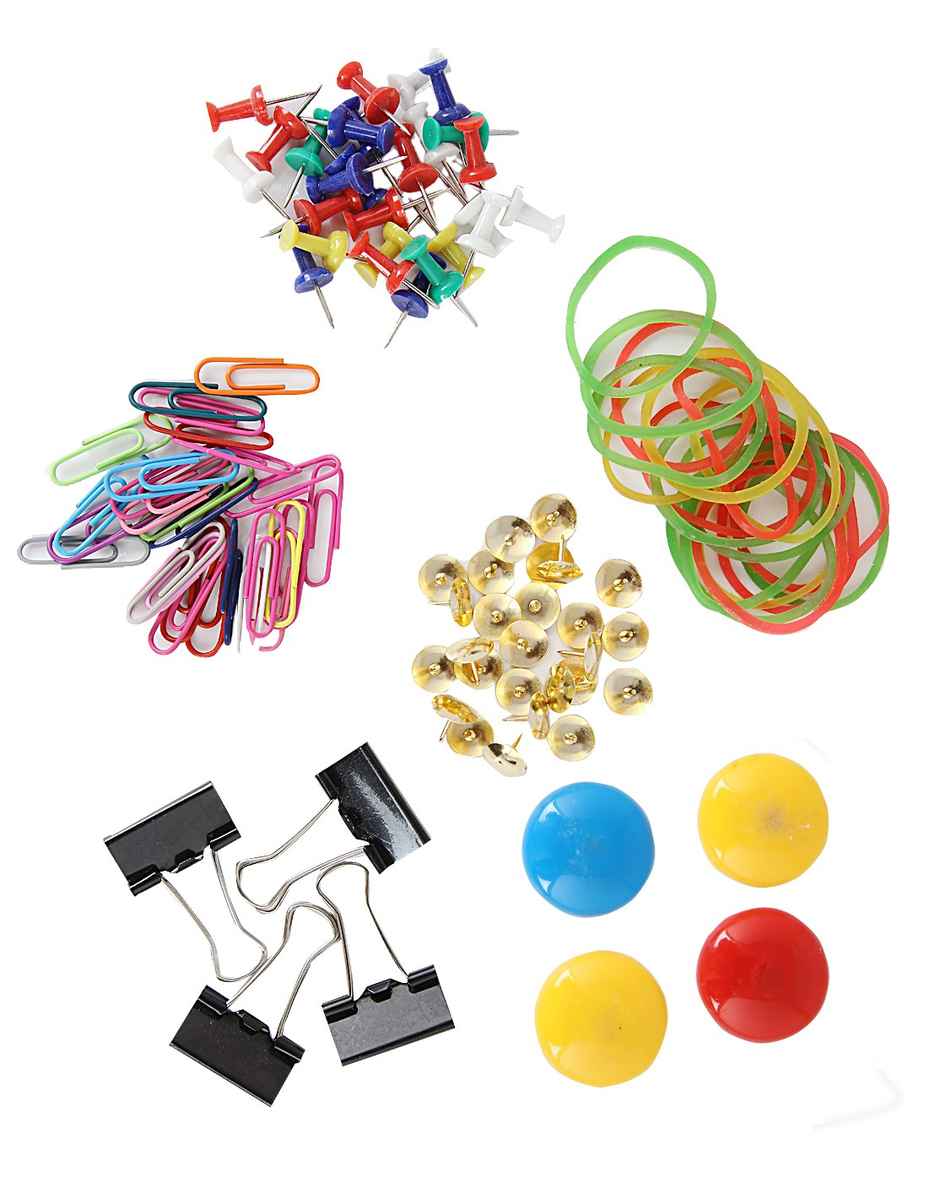 Office Utility Set Box ( Magnets, Binder Clips, U Pins, Thumb Pins, Push Pins and Rubber bands)
