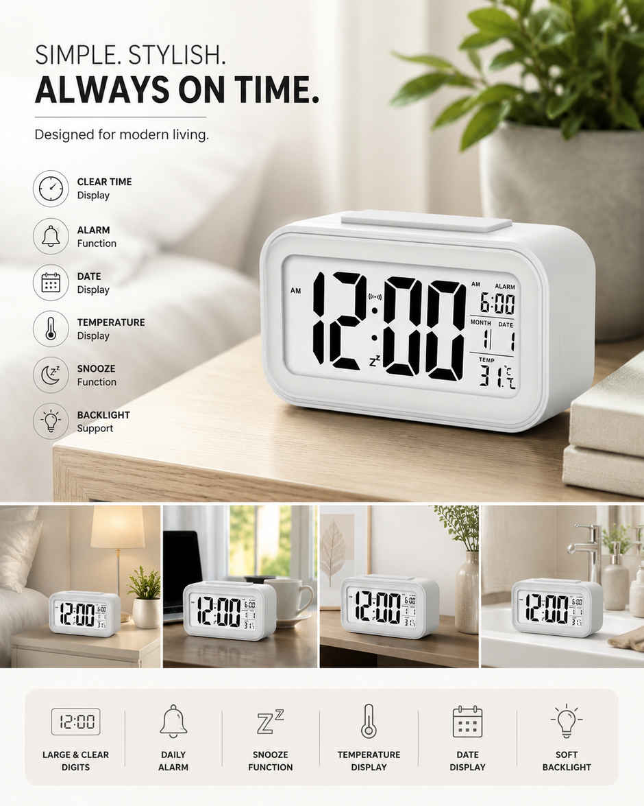 Perpetual Automatic Sensor, Time, Date & Temperature Clock | White | 9 x 5 cm