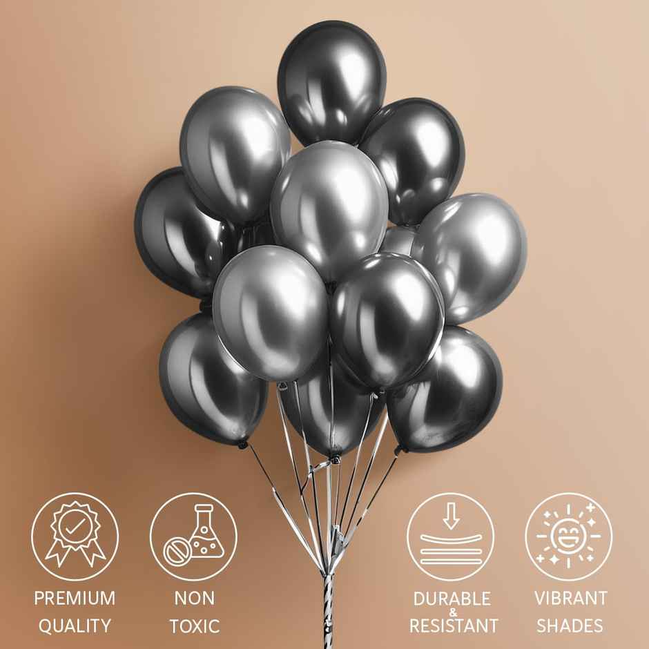 Just Party Dark Grey Chrome Metallic Balloons Pack Of 25 For Birthday Party Decoration