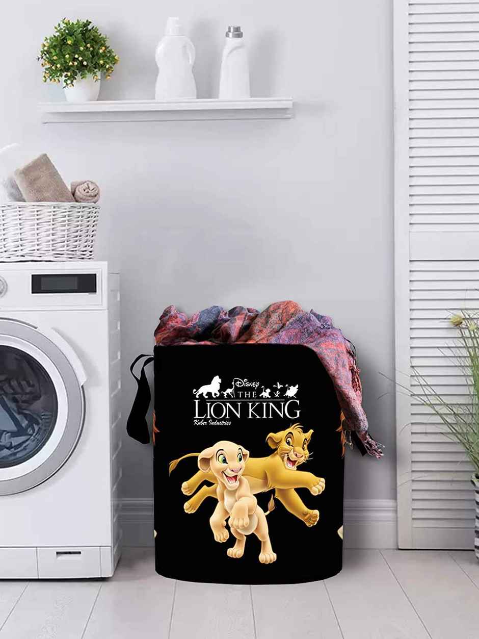 Kuber Industries Canvas 45 L Disney The Lion King Print Laundry Bag/Bin with Lid & Handles (Black)