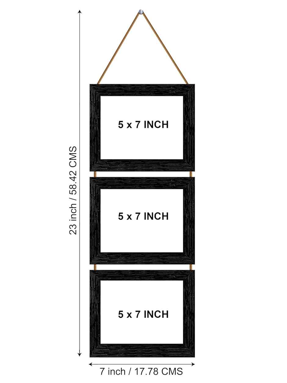 Indianara 3 in 1 Hanging Photo Frame with Plexiglass - Three slots for 3 Photos of 5 x 7 each BK