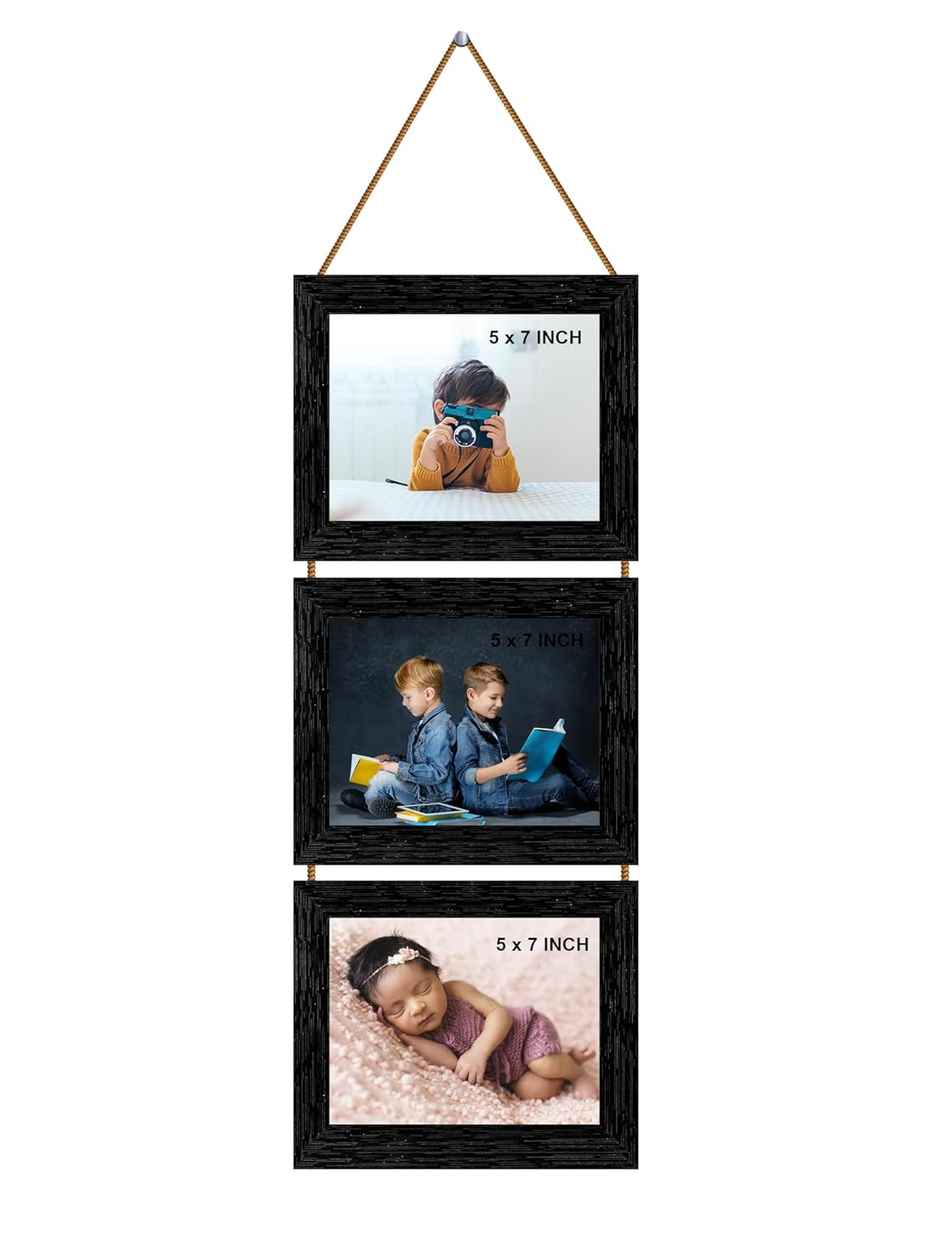 Indianara 3 in 1 Hanging Photo Frame with Plexiglass - Three slots for 3 Photos of 5 x 7 each BK
