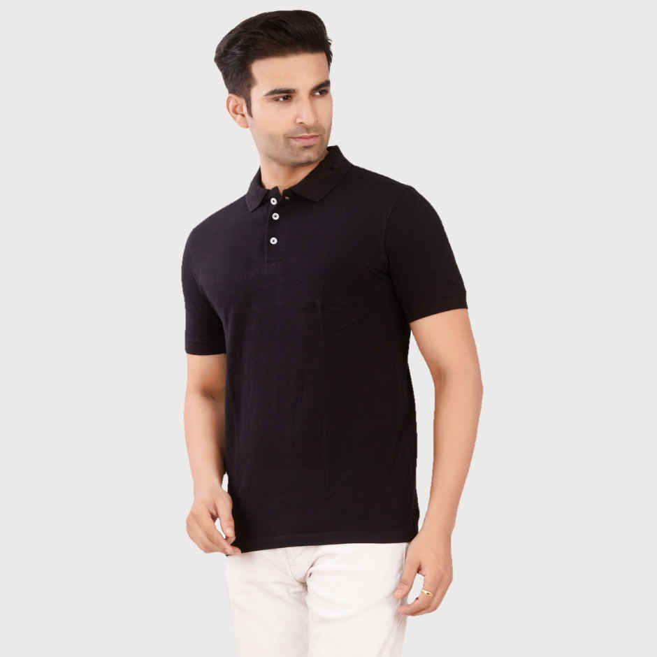 EQL Men's Cotton Solid Lightweight & Breathable Polo T-shirt | Black - M