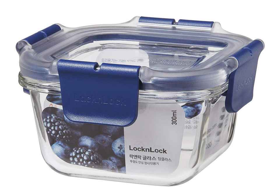LocknLock Airtight Glass Square Shaped Containers With Lid | Microwave safe| Transparent - 300 ml
