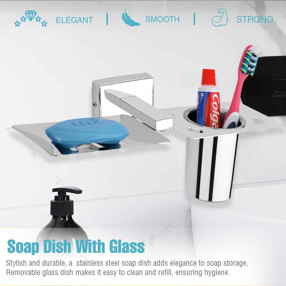GLOXY Stainless Steel Soap Holder with Glass Wall Mounted Soap Dish Stand for Home Kitchen SS304
