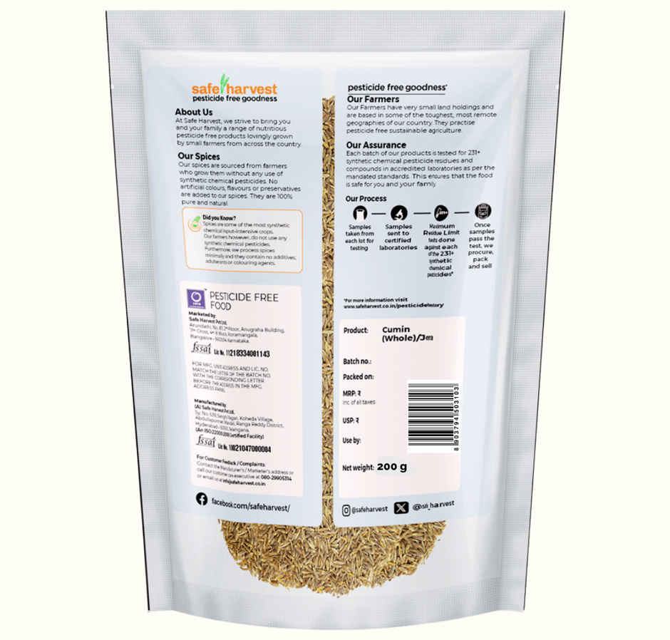 Safe Harvest Jeera (Cumin) | Unadulterated Whole Spices | Pesticide Free | Chemical Free