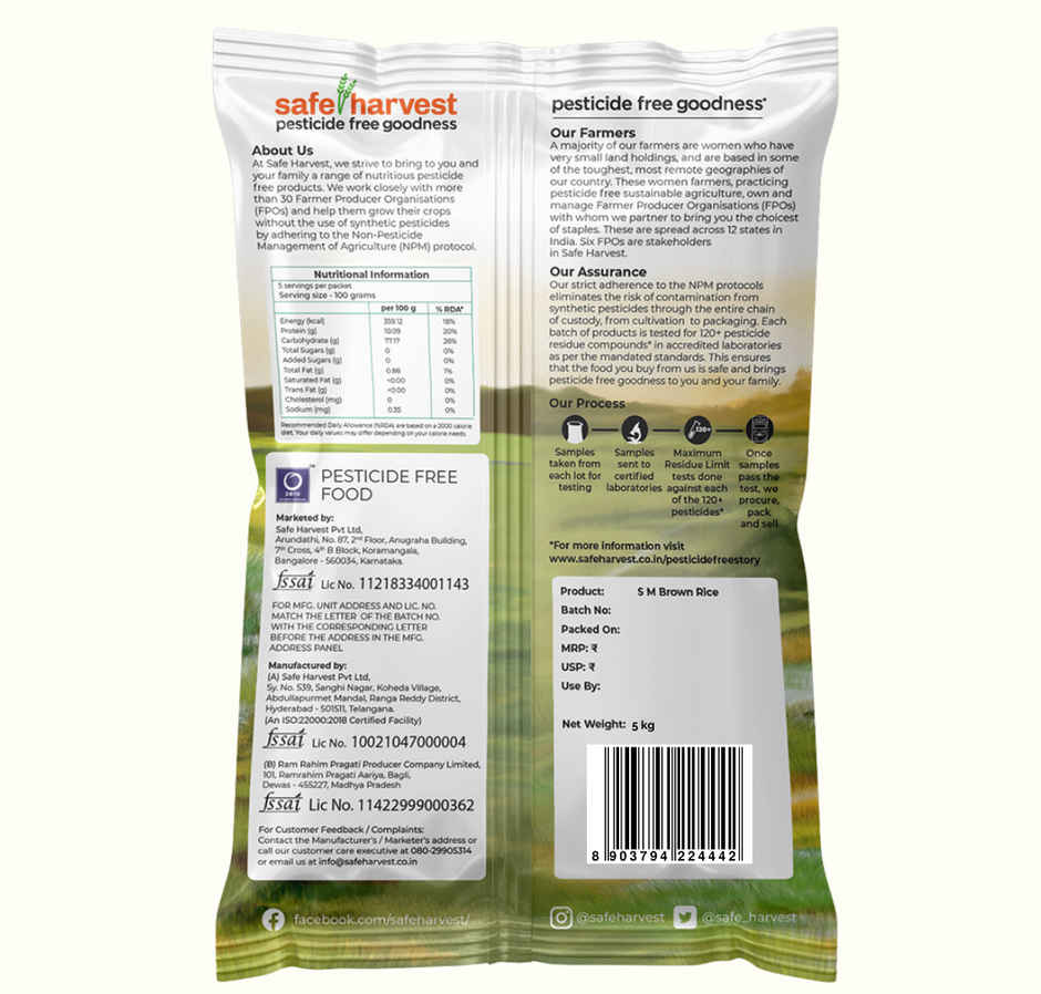 Safe Harvest Pesticide Free Sonamasuri Unpolished Brown Rice | Arsenic Free