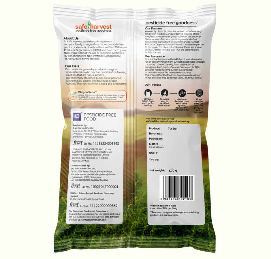 Safe Harvest Pesticide-Free Unpolished Tur Dal | Natural, Chemical-Free, Vegan And Gluten-Free
