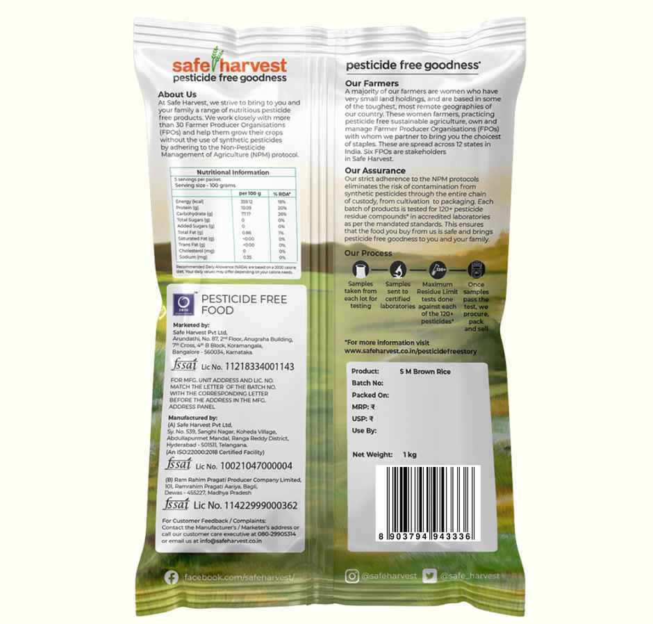 Safe Harvest Pesticide Free Sonamasuri Unpolished Brown Rice | Arsenic Free