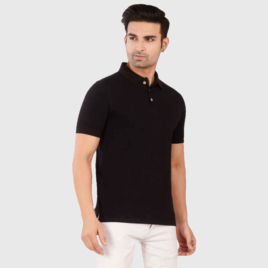 EQL Men's Cotton Solid Lightweight & Breathable Polo T-shirt | Black - M
