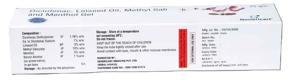 Genericart Diclofenac 1.16%W/W, Linseed Oil 3%W/W, Methyl Salicylate 10%W/W, Menthol 5%W/W Gel