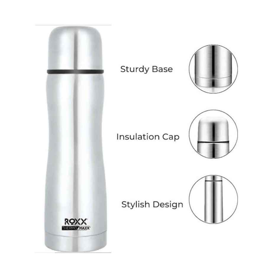 Roxx Curvy Bullet Flask | 500 ml | Double-Wall Insulated | Hot/Cold | BPA-Free | Silver