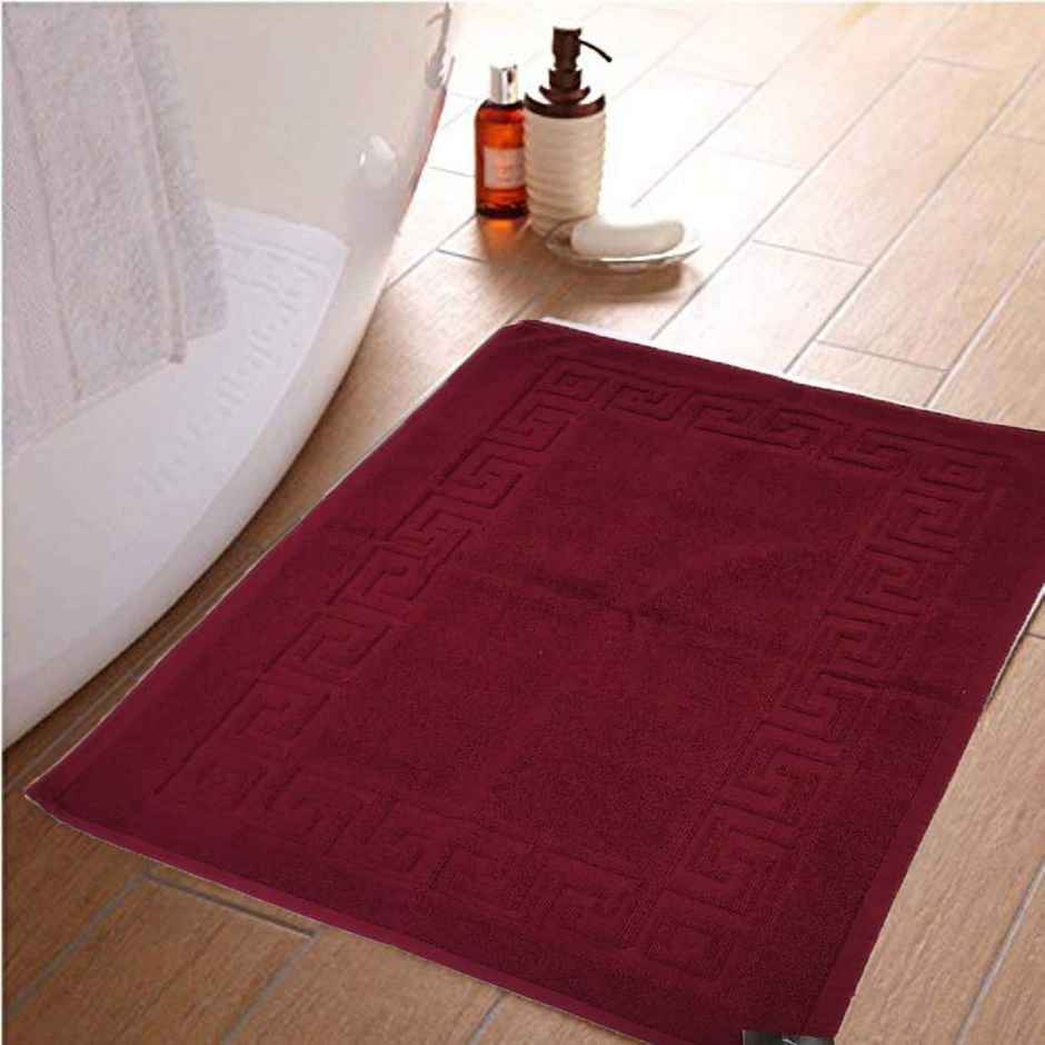 Lushomes Bathroom Mat - Maroon | Soft Terry Cotton | Greek Border | 50 x 77 cm