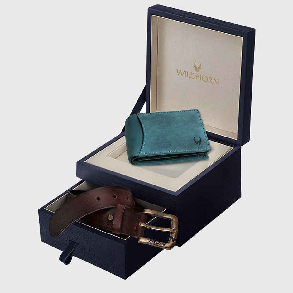 Wildhorn Men's Solid Genuine Leather Wallet and Belt Combo | Blue - Free Size
