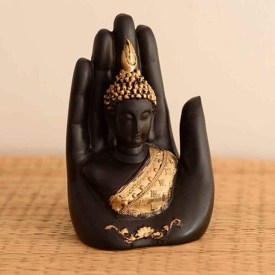 Elegant Black and Golden Resin Handcrafted Palm Buddha Statue | Ecraftindia
