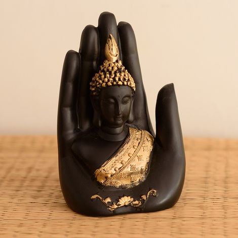 eCraftIndia Elegant Black and Golden Resin Handcrafted Palm Buddha Statue