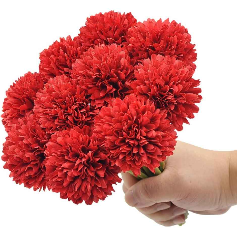 Tied Ribbons Set of 6 Artificial Chrysanthemum Ball Flowers Stick Bunch | Red | 29 Cm