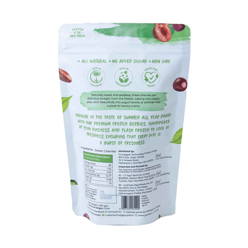 Pluckk Fresh Frozen Seedless Cherry Natural No Added Sugar Non Gmo Antioxidant Potassium Rich Snack