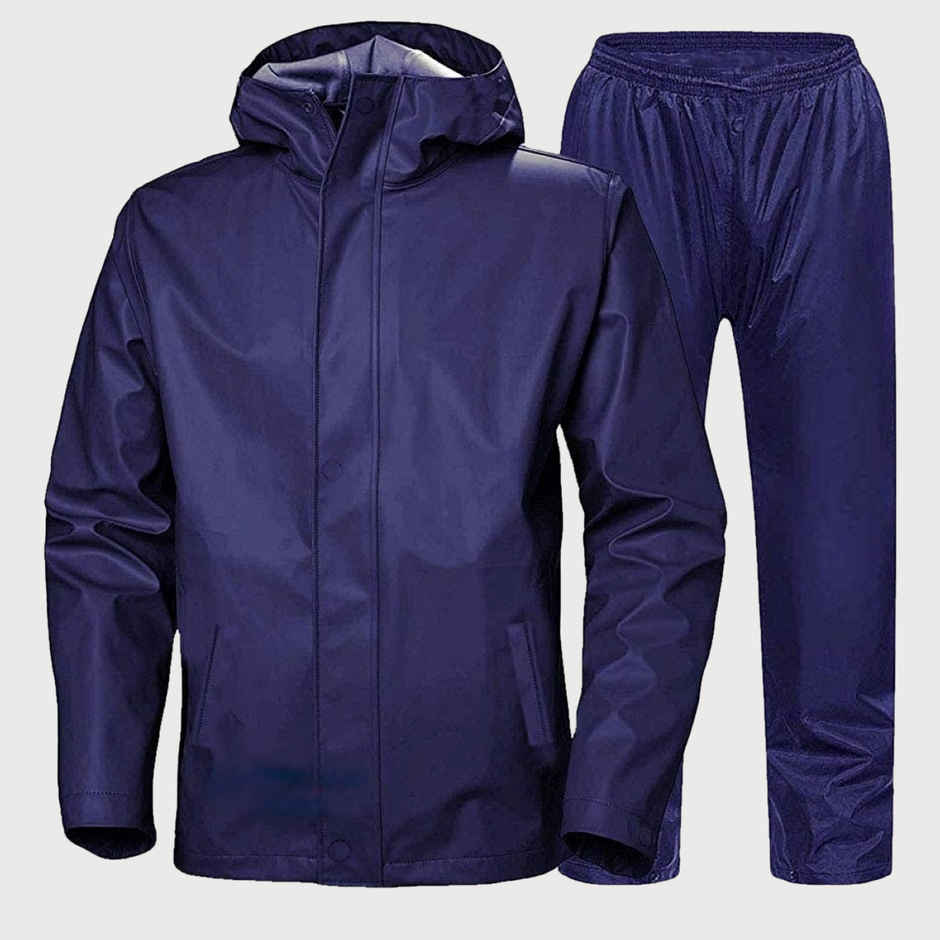 INFISPACE Adult Unisex Polyester Raincoat Suit with Adjustable Cap & Pockets Blue Color XL