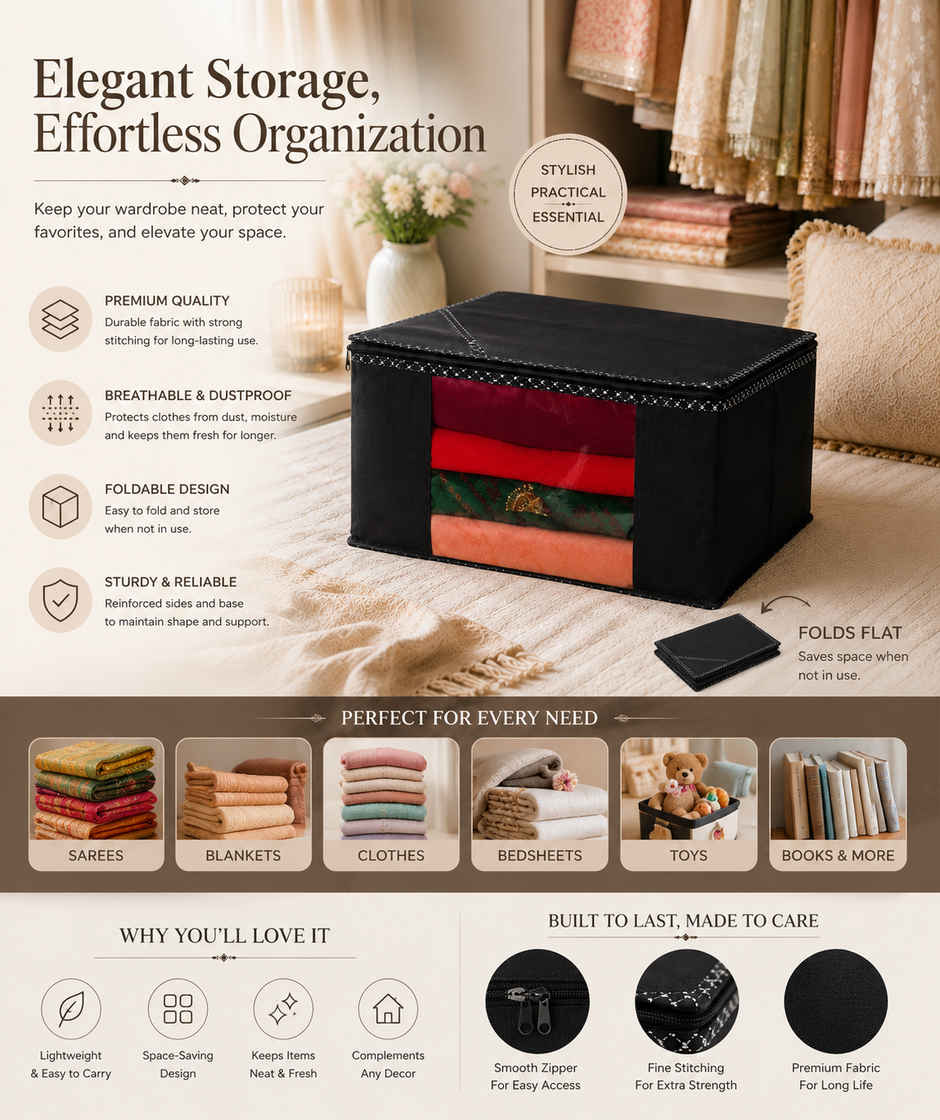 Perpetual Saree Organizer - Foldable Cover with Zip | Transparent Window | Black | Pack of 1