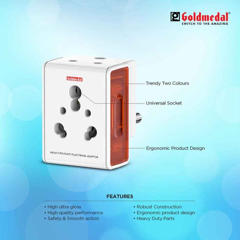 Gold Medal 16A i-Link 3 Pin Plug Universal Travel Adaptor - White | for Home,Office,Travel | Compact & Reliable Combo