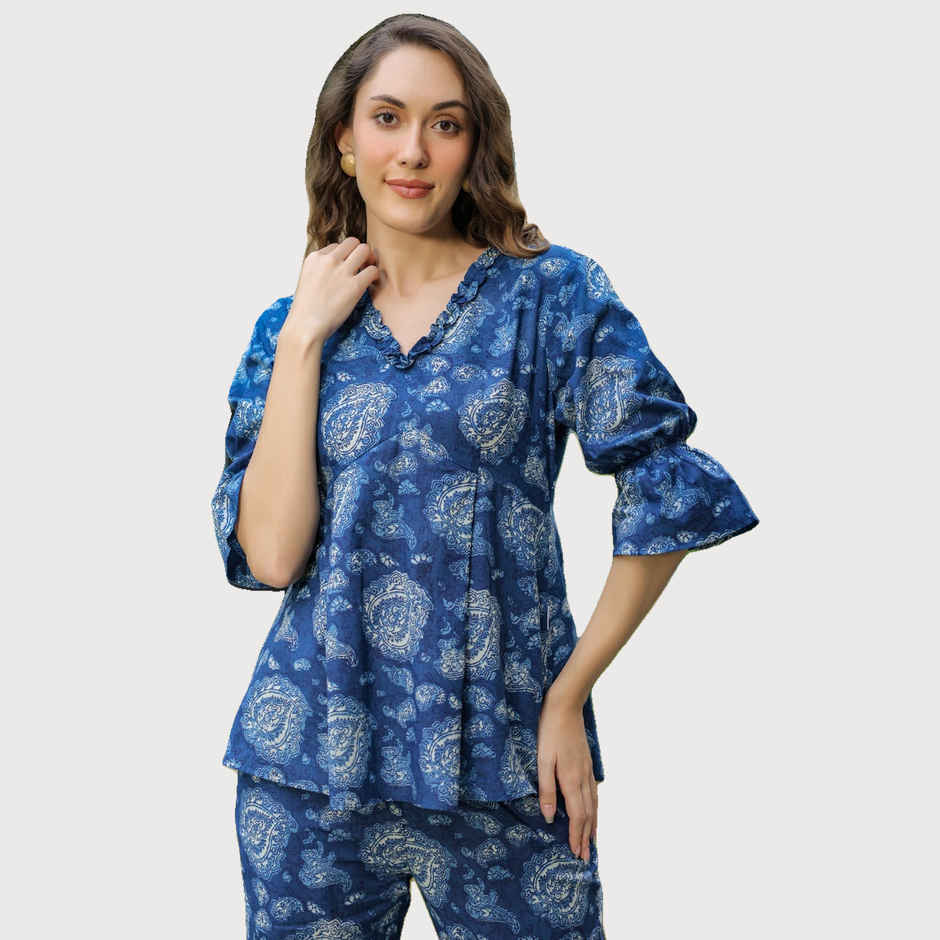 Jisora Women's Blue Cotton Co-ord Sets | L - CS2287