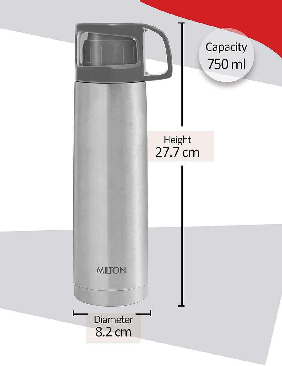 Milton Glassy 750 Thermosteel 24 Hours Hot And Cold Water Bottle With Drinking Cup Lid 750 ml, Grey