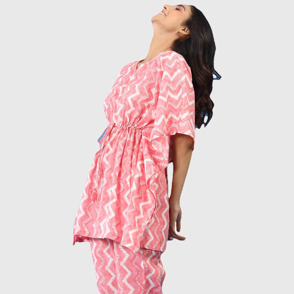 JISORA Women's Printed Cotton Pink Kaftan Pyjama Set | S - KFP0544
