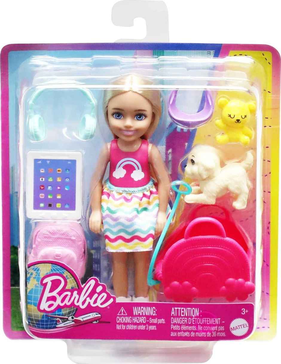Mattel Barbie Toys, Chelsea Doll and Accessories, Travel Set with Puppy and 6 Pieces Including Pet Carrier