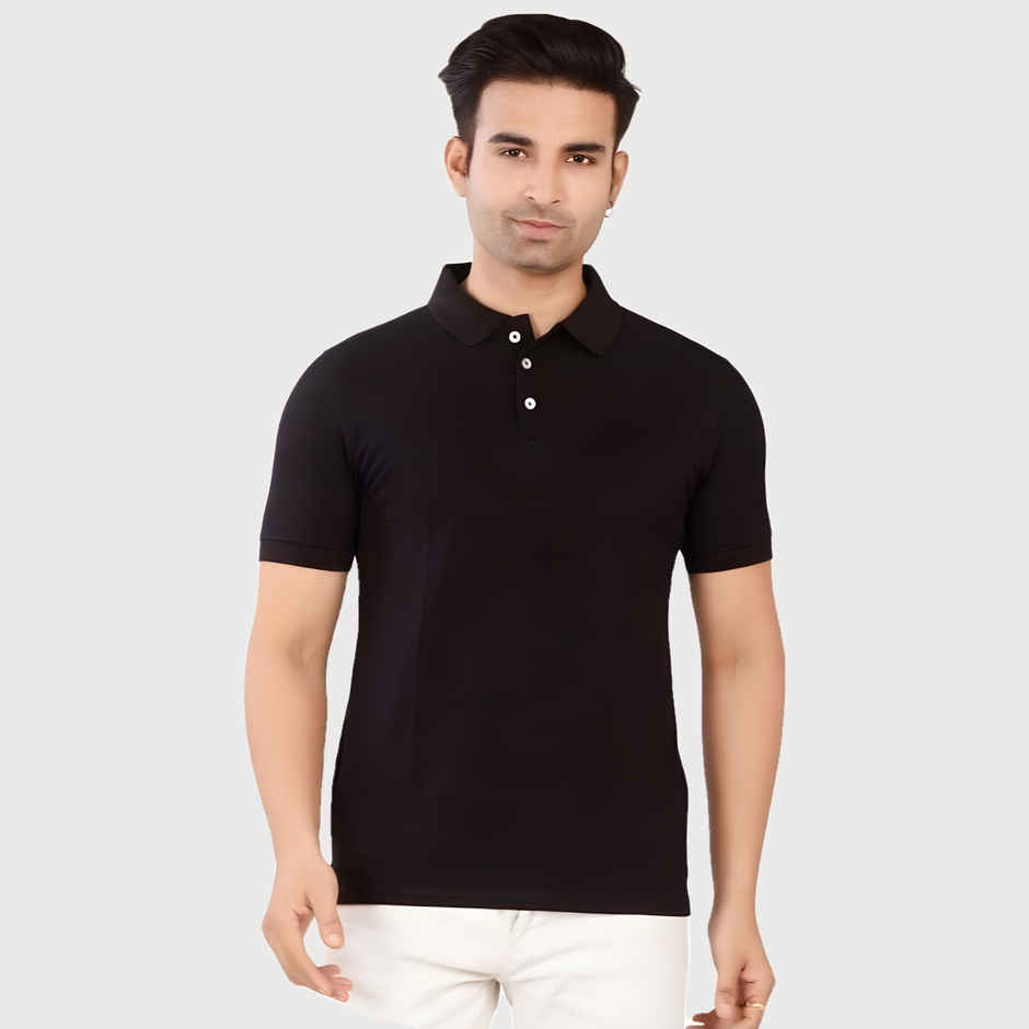 EQL Men's Cotton Solid Lightweight & Breathable Polo T-shirt | Black - M