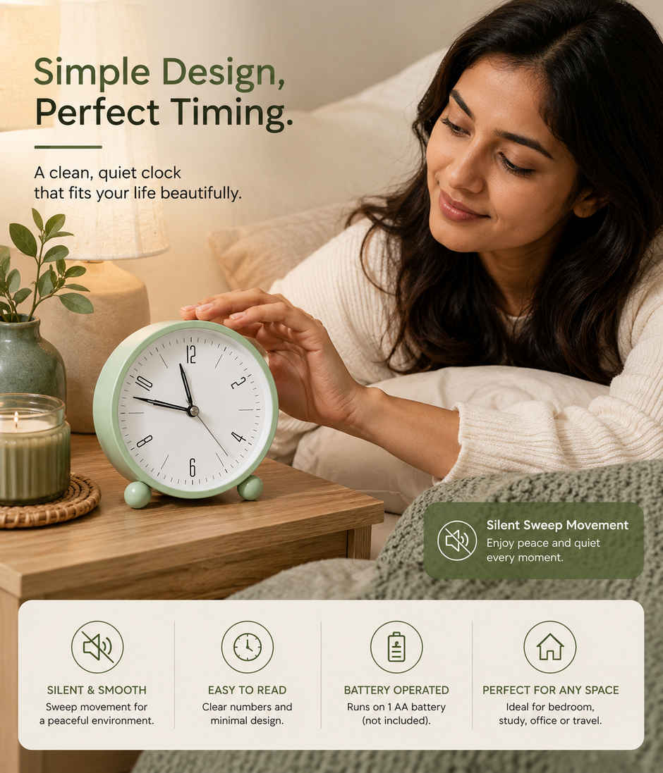 Perpetual Plastic Analog Alarm Clock | Super Silent Non Ticking Small Clock | Light Green - 4 in