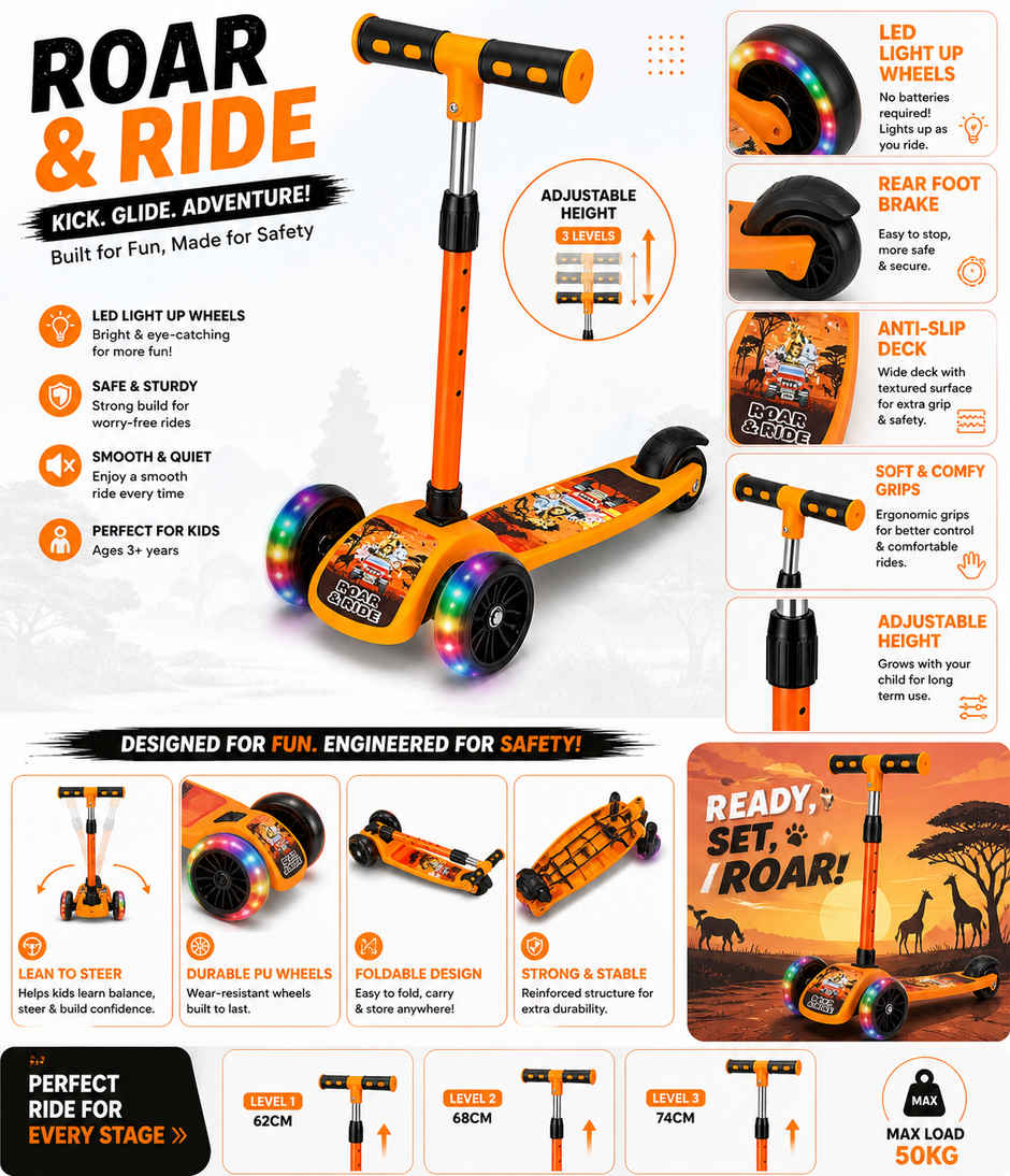 Fablue Foldable 3 Wheel LED Portable Scooter for Kids | Orange | Upto 40 Kgs - 1 pc