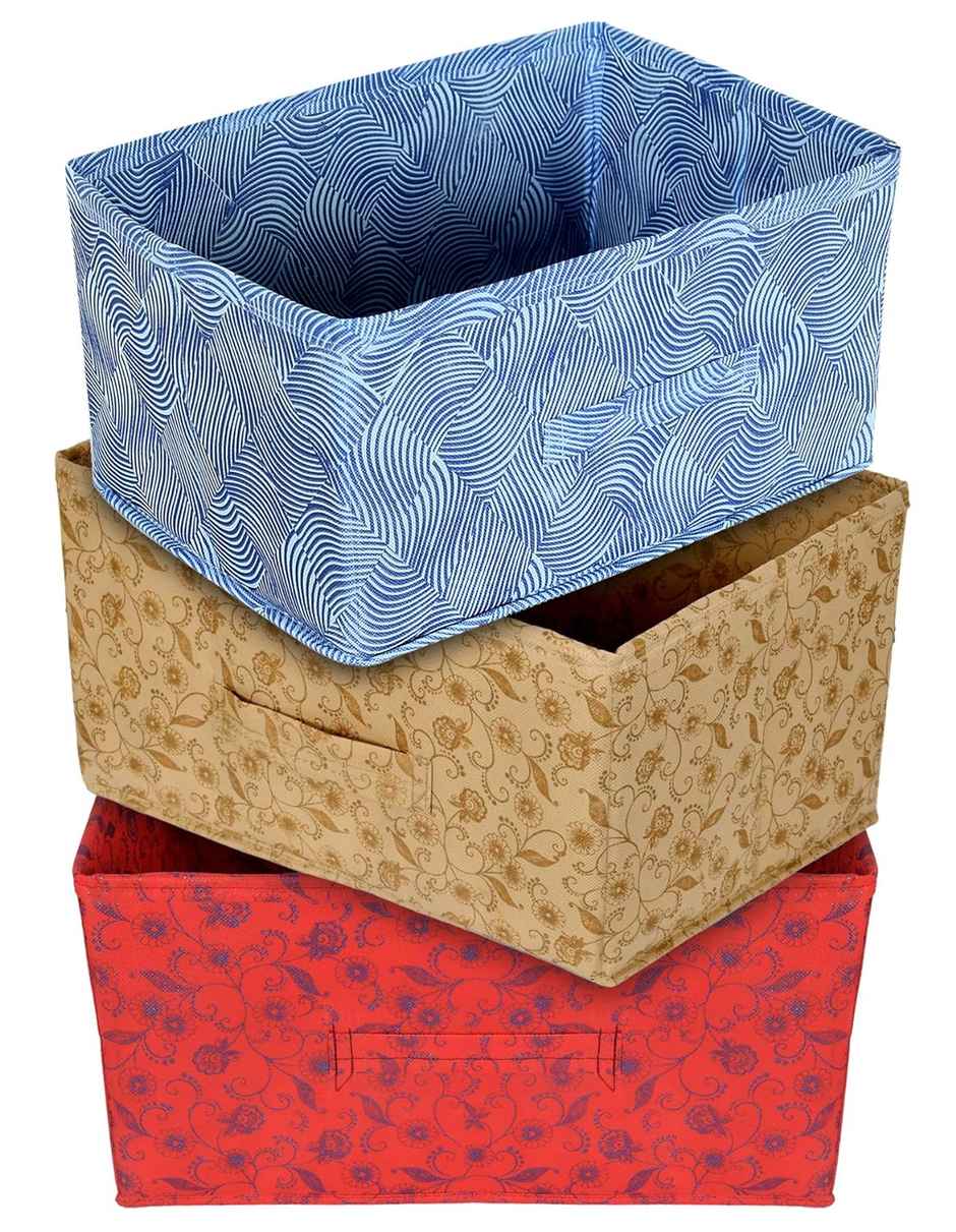 Kuber Industries Set of 3 Laheriya Metallic Non Woven Closet Organizer Box (Blue & Red & Beige)