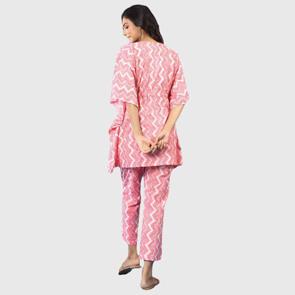 JISORA Women's Printed Cotton Pink Kaftan Pyjama Set | S - KFP0544