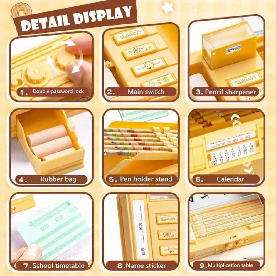 Fablue Creamy Bear Pencil Box with Magnetic & Password Lock | Yellow