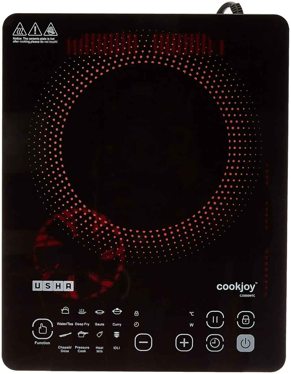 Usha Induction Cooktop -2000W Touch Panel, Pan Sensor, 8 Pre-Set Menu, 8-Stage Power Setting, Black