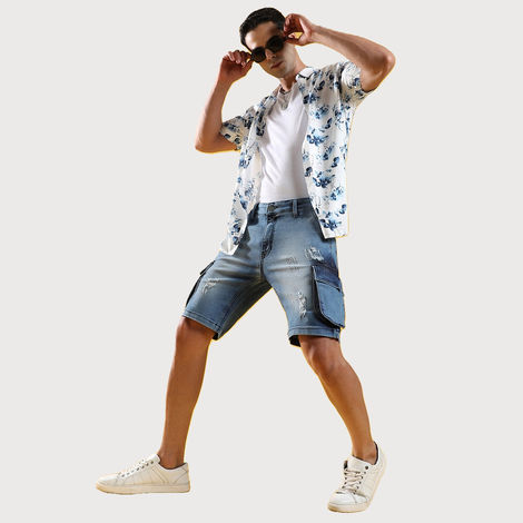 Campus Sutra Men's Distressed Cargo Denim Shorts | Blue - 36