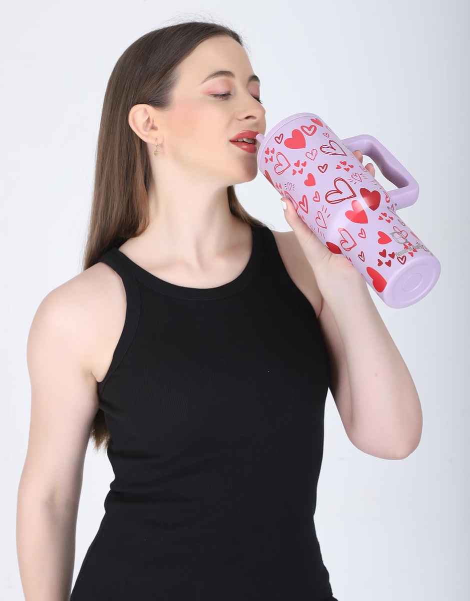 House of Quirk Stainless Steel Tumbler with Handle & Lid | 2 Straws Use | Mauve Heart - 1200 ml