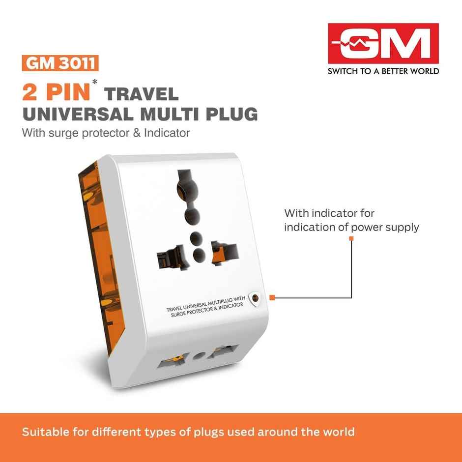 GM 3011 2 Pin Travel Universal Multi-Plug with Surge Protector & Indicator Combo  