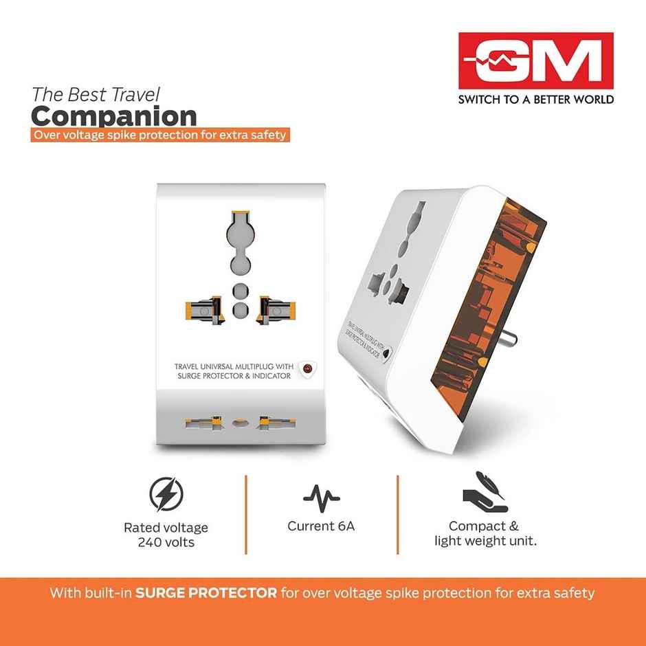 GM 3011 2 Pin Travel Universal Multi-Plug with Surge Protector & Indicator Combo  