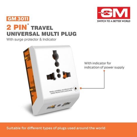 GM 3011 2 Pin Travel Universal Multi-Plug with Surge Protector & Indicator