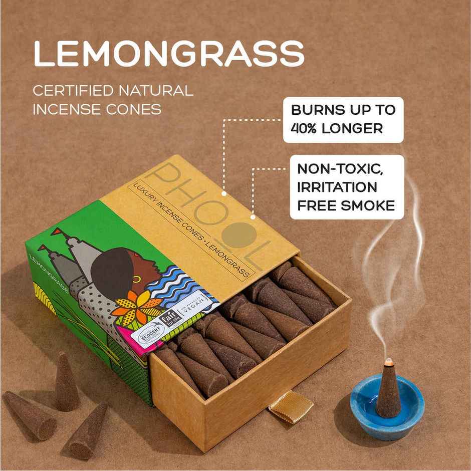 Lemongrass Dhoop Cones | 100% Natural Certified Incense Cones | Citral Fragrance | Phool