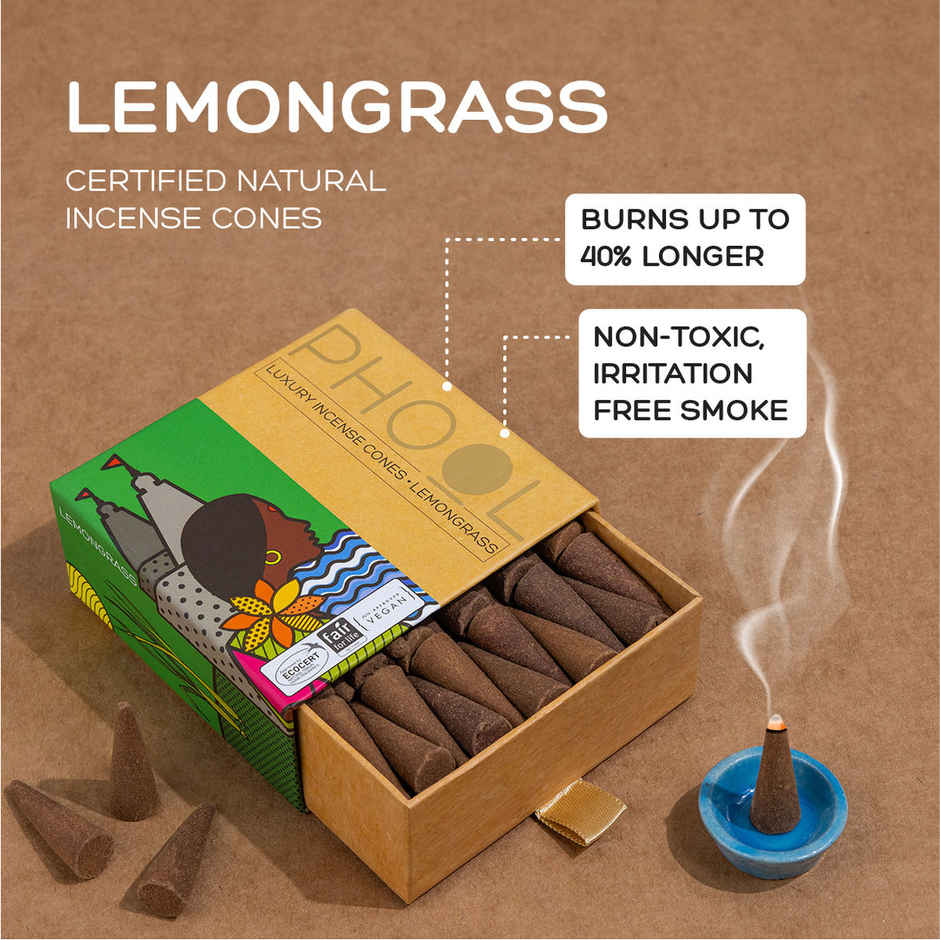 Lemongrass Dhoop Cones | 100% Natural Certified Incense Cones | Citral Fragrance | Phool