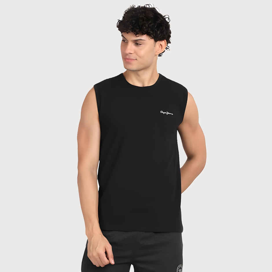 Pepe Jeans Mens Black Cotton Solid Gym Vest - Pack of 1 (L) Comfort Fit, Soft Fabric, Breathable