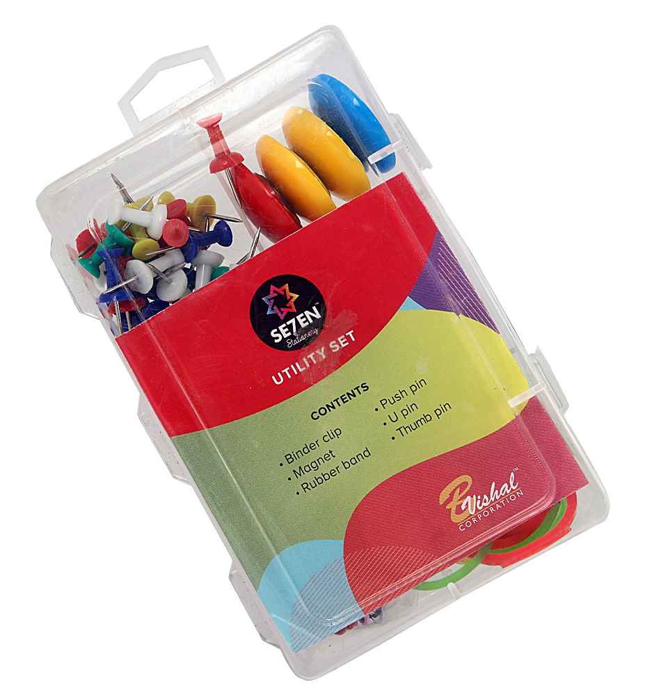 Office Utility Set Box ( Magnets, Binder Clips, U Pins, Thumb Pins, Push Pins and Rubber bands)