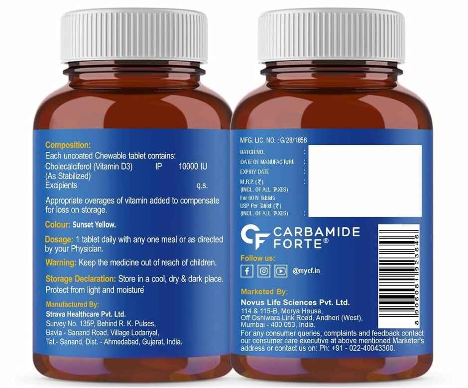 Carbamide Forte Vitamin D3 10000 IU Chewable Tablets | Orange Flavour | 60 Tablets