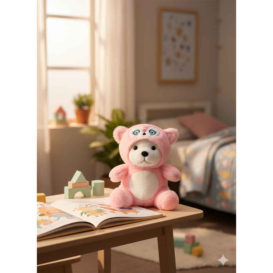 DearJoy Teddy Bear with a Hoodie Cap Pink 35 cm